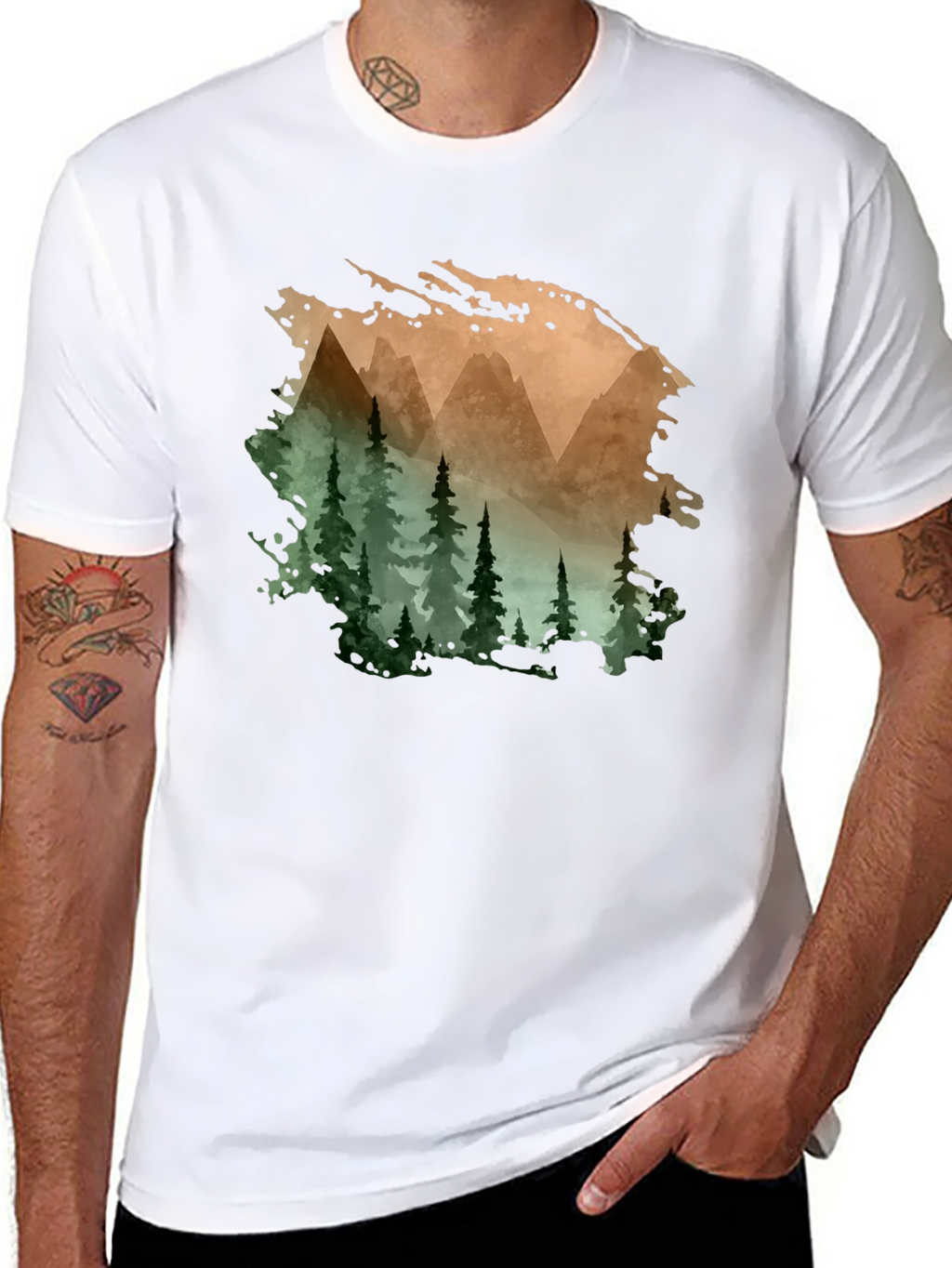Mountain & Forest Print Black T-Shirt