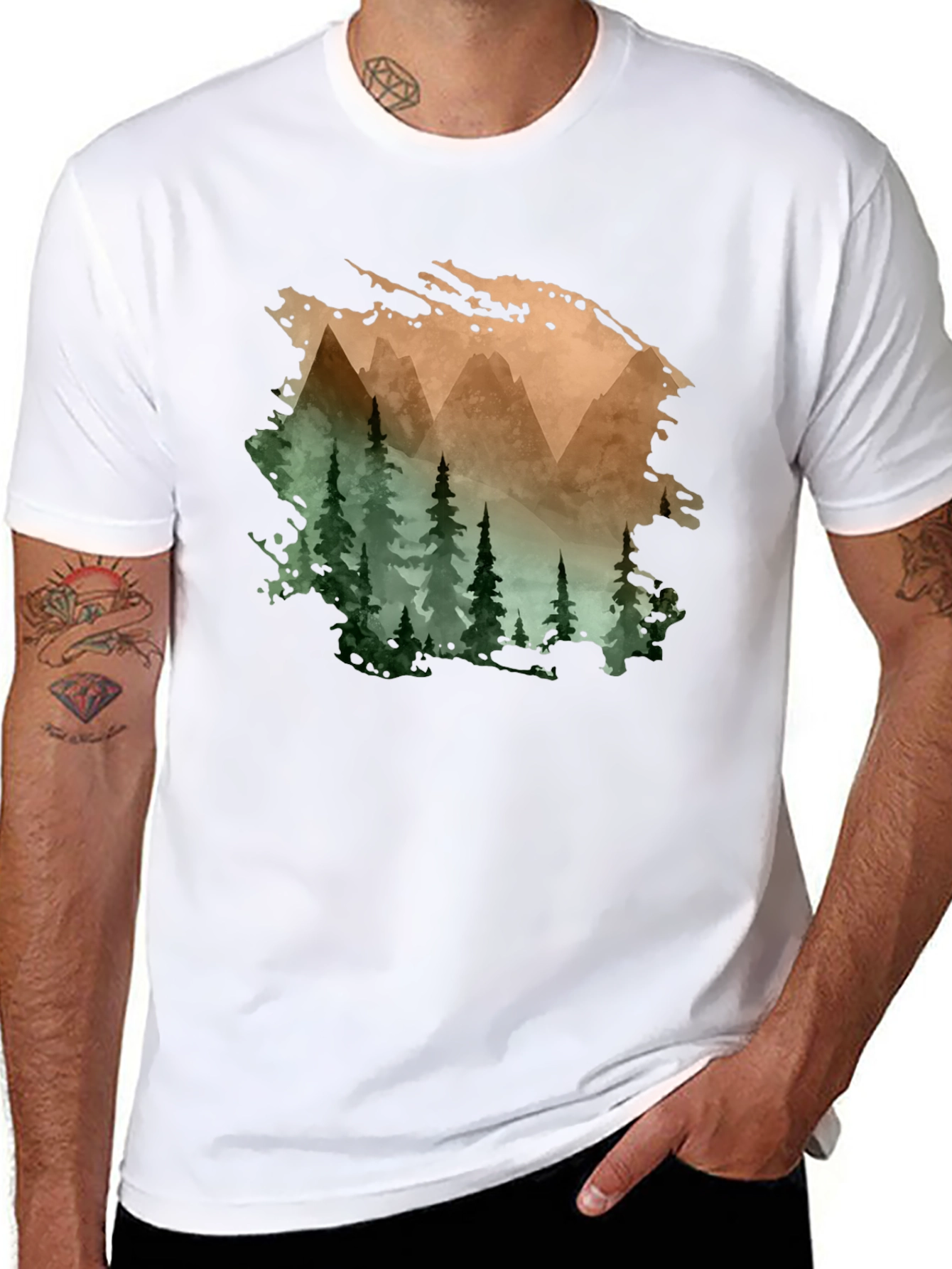 Mountain & Forest Print Black T-Shirt