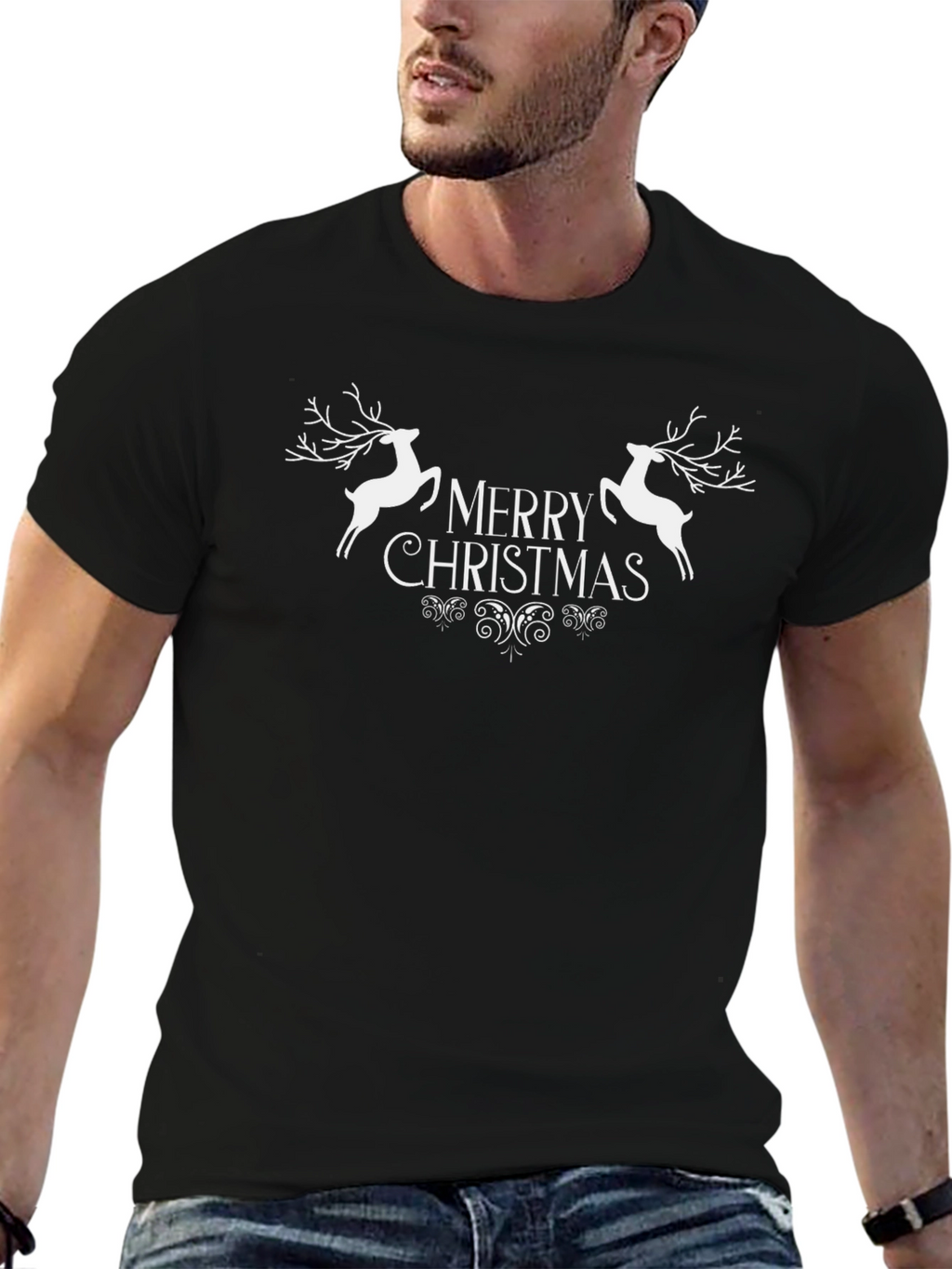 Merry Christmas Reindeer Graphic Tee - Black