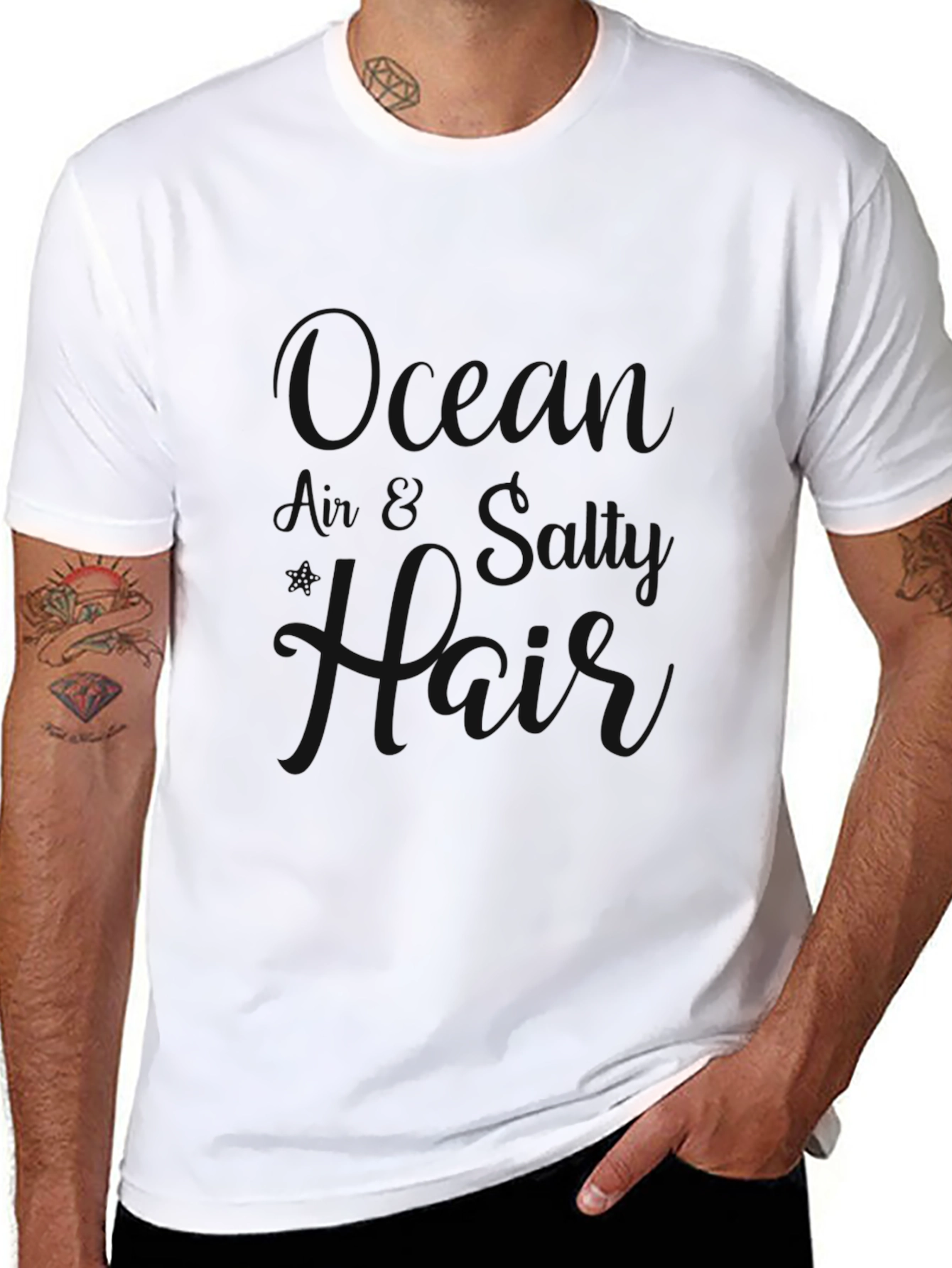 Black Crewneck T-Shirt with Ocean Air Salty Hair Design