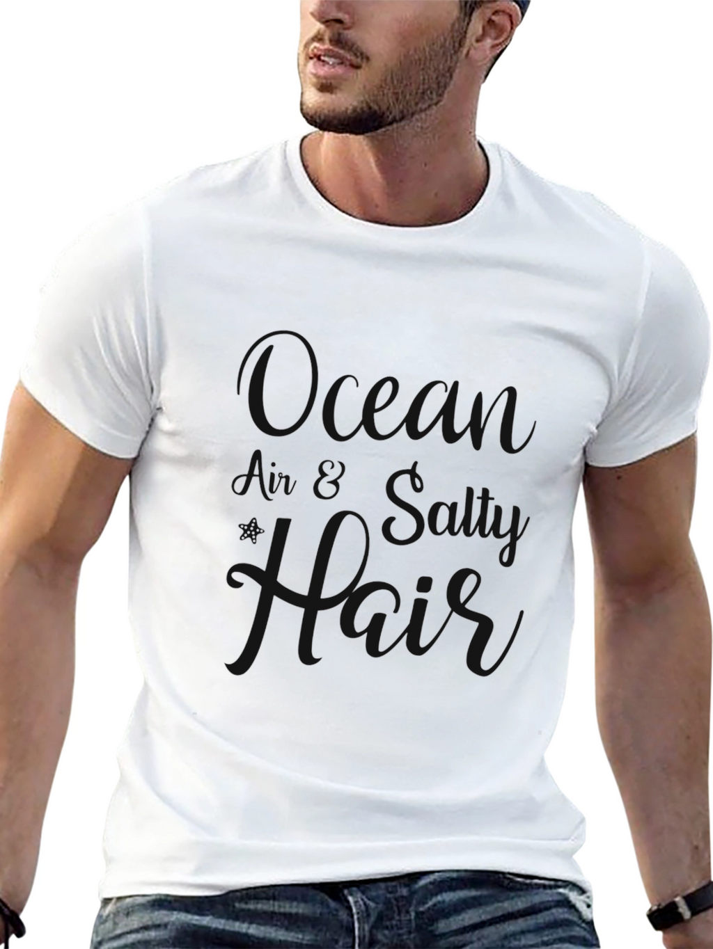 Black Crewneck T-Shirt with Ocean Air Salty Hair Design