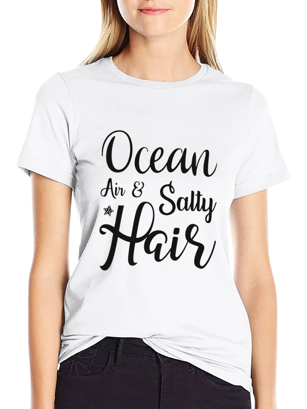 Black Crewneck T-Shirt with Ocean Air Salty Hair Design