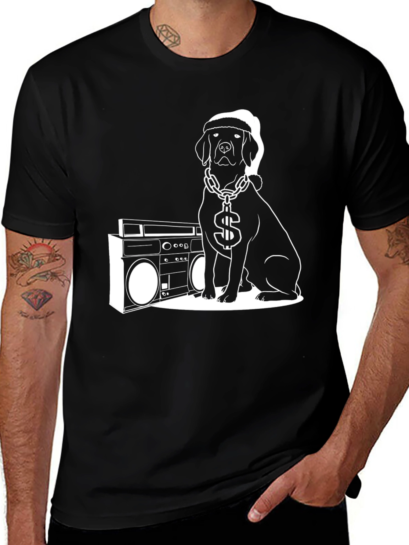 Cool Dog with Boombox Black T-Shirt