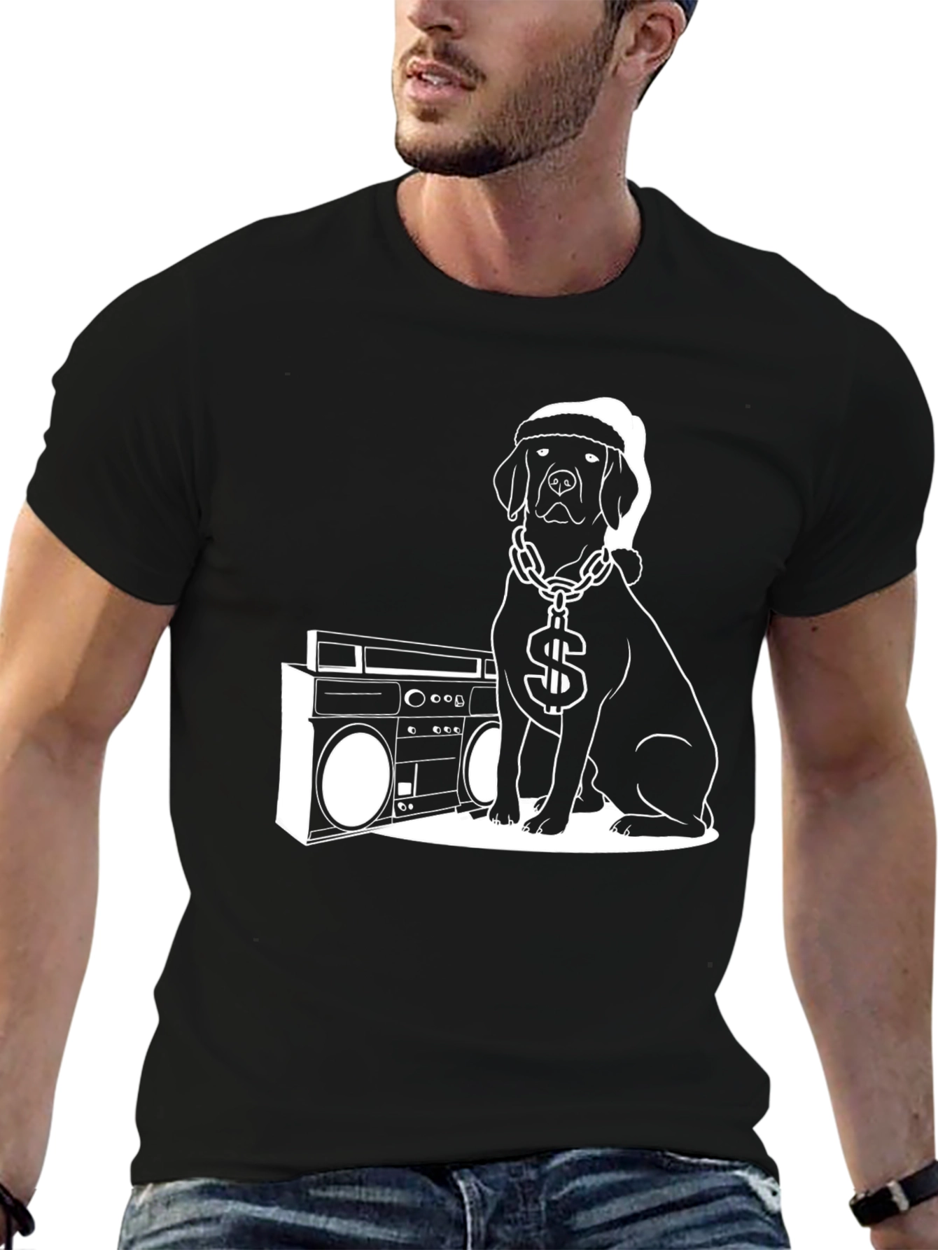 Cool Dog with Boombox Black T-Shirt