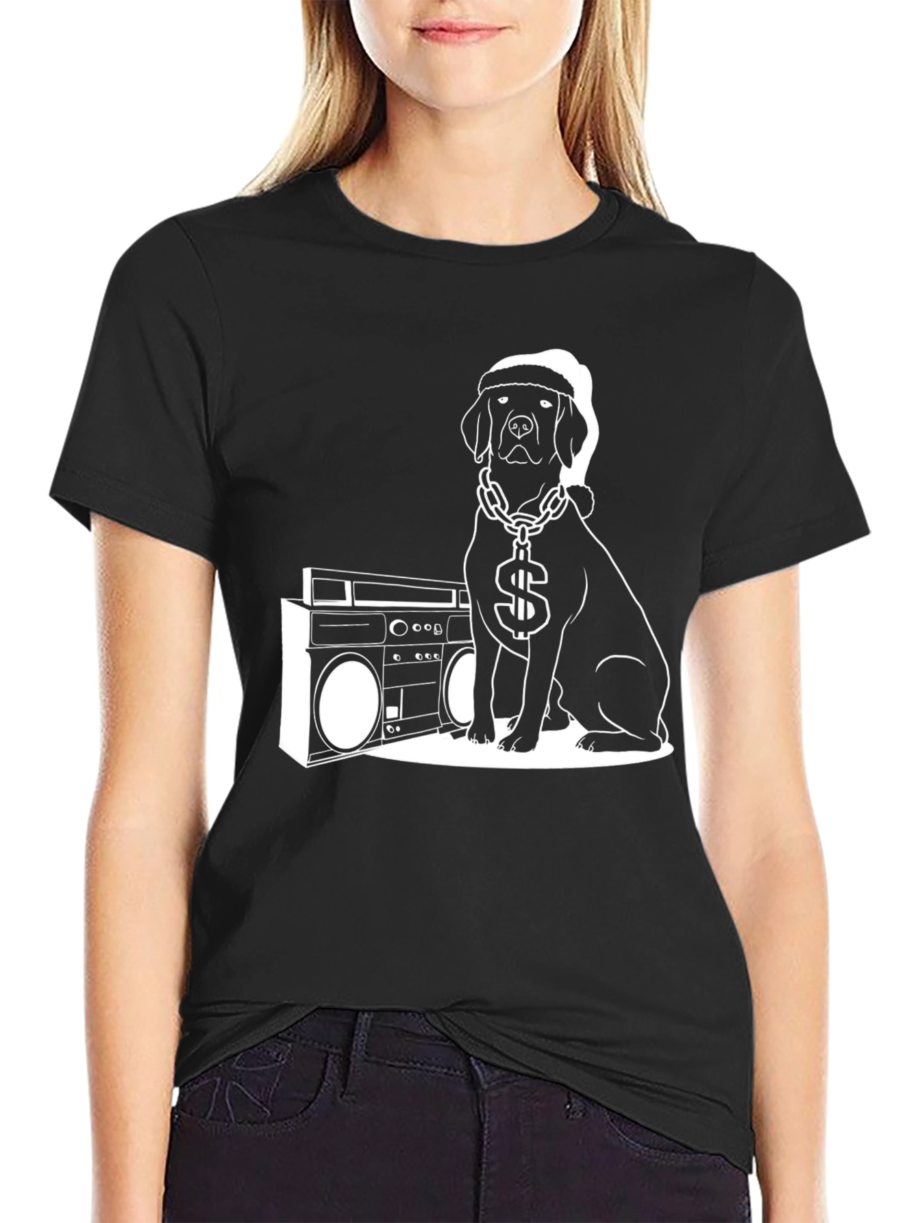 Cool Dog with Boombox Black T-Shirt