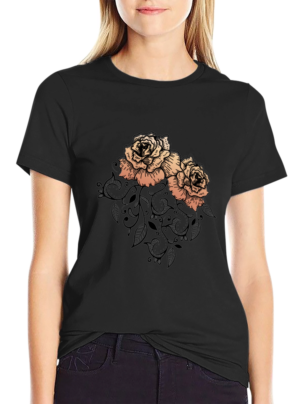 Elegant Rose Graphic Black T-Shirt