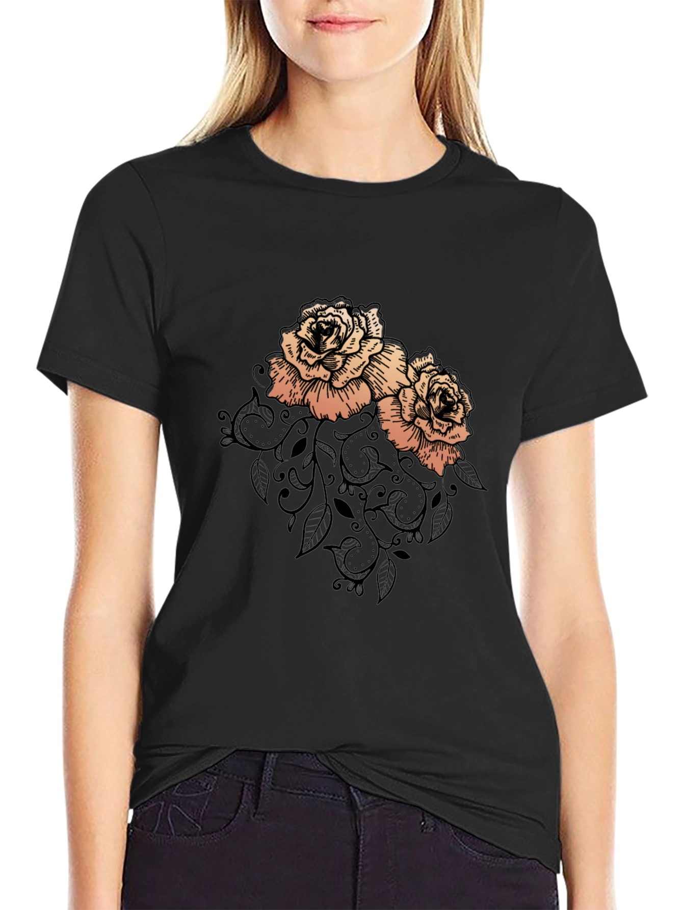 Elegant Rose Graphic Black T-Shirt
