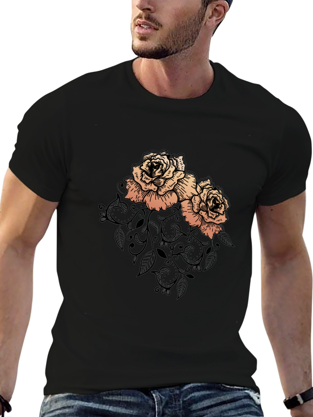 Elegant Rose Graphic Black T-Shirt