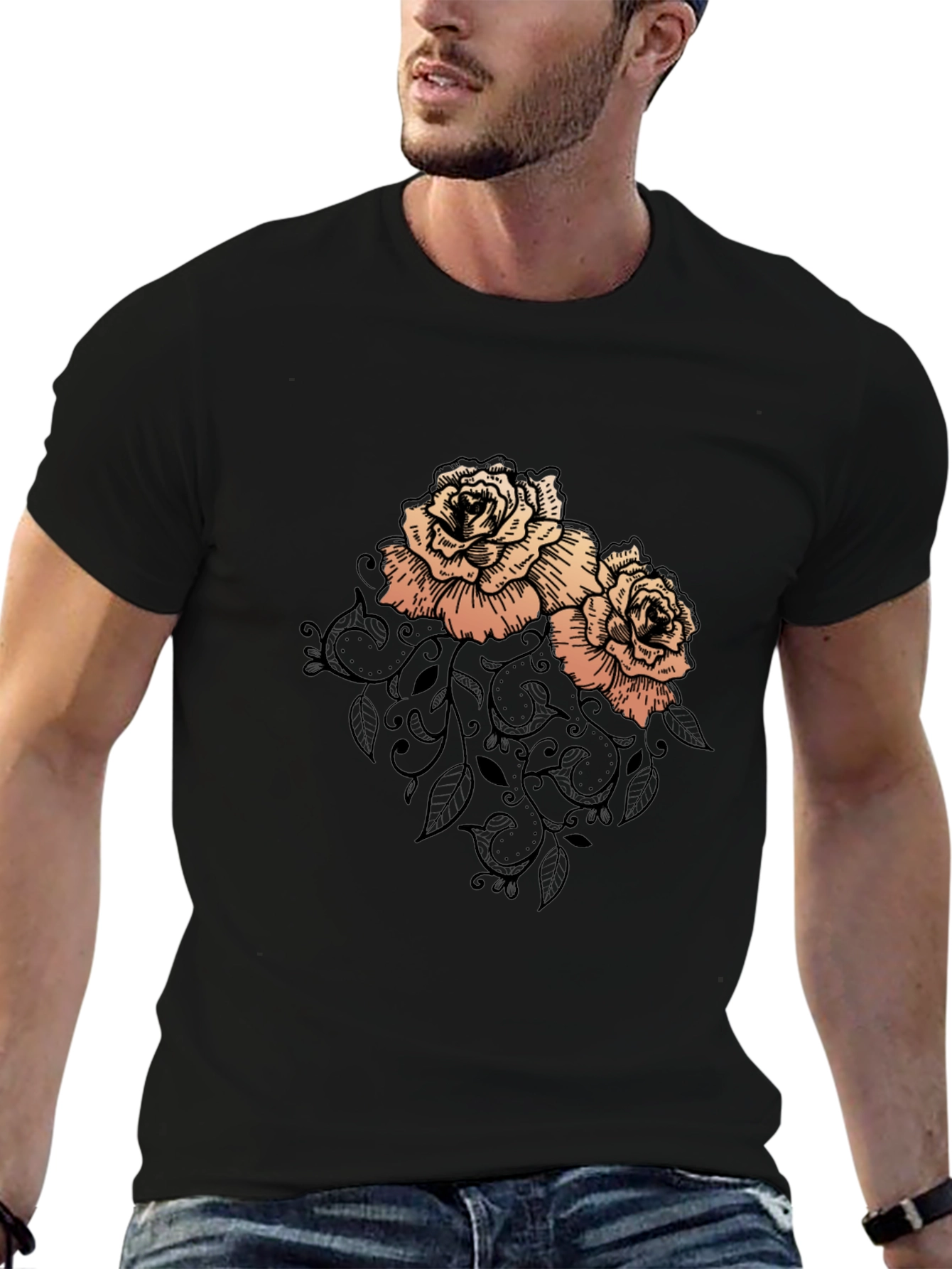 Elegant Rose Graphic Black T-Shirt