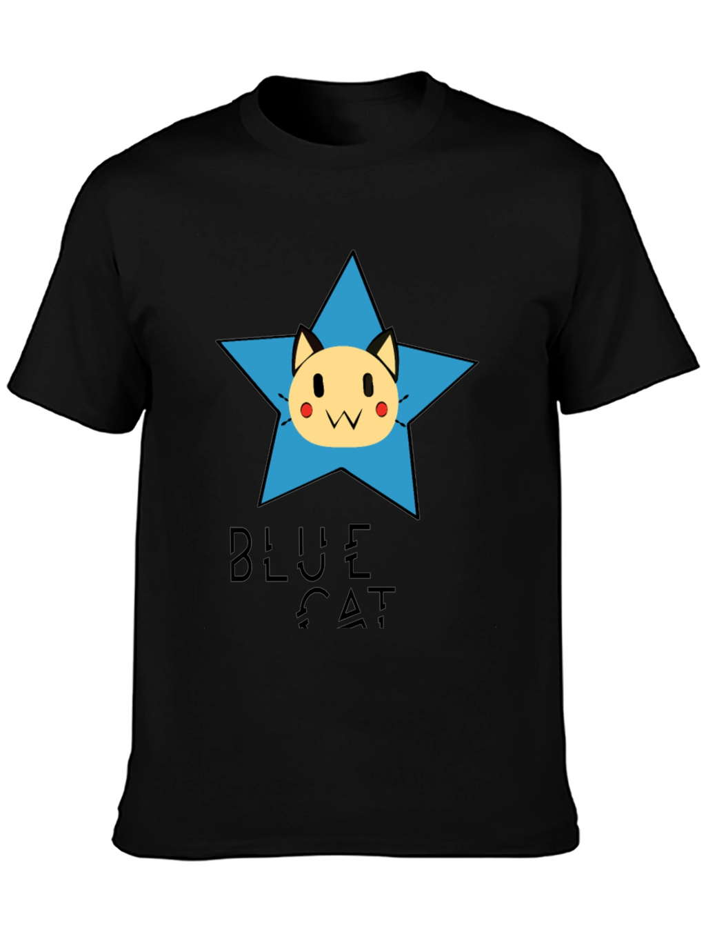 Blue Cat Star Graphic Tee - Black Cotton T-Shirt