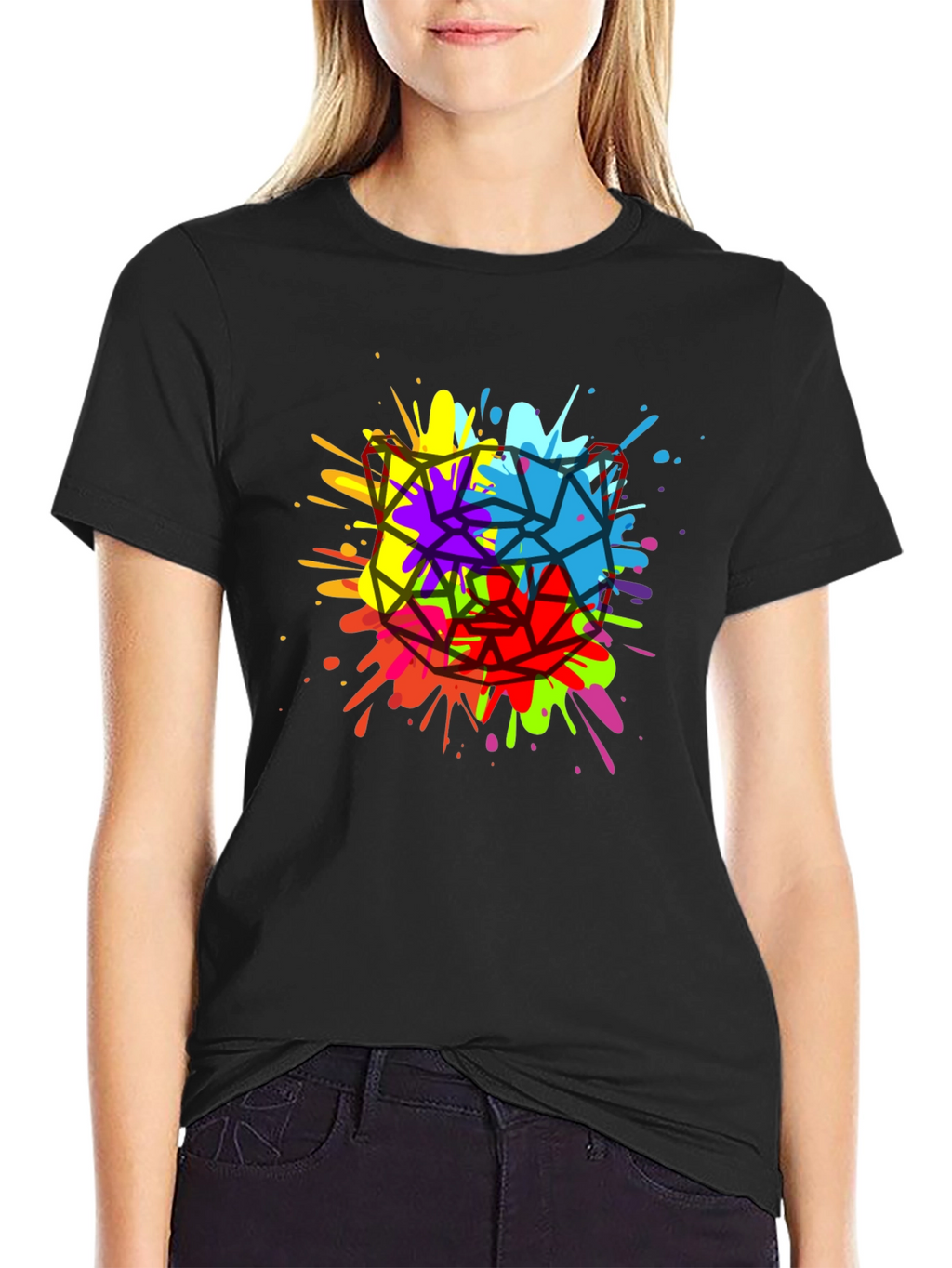 Geometric Splatter Cat T-Shirt - Mens Black Tee