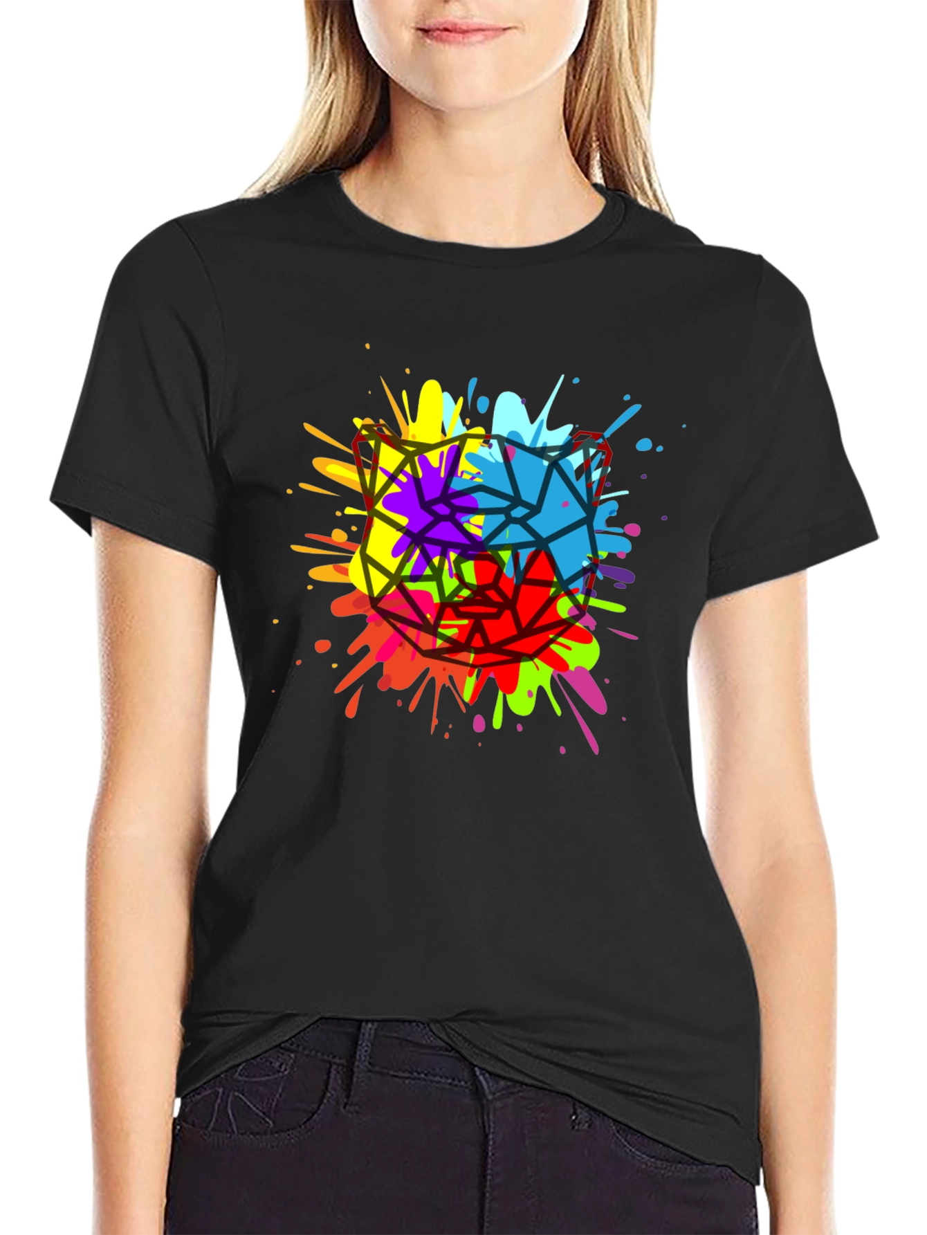 Geometric Splatter Cat T-Shirt - Mens Black Tee