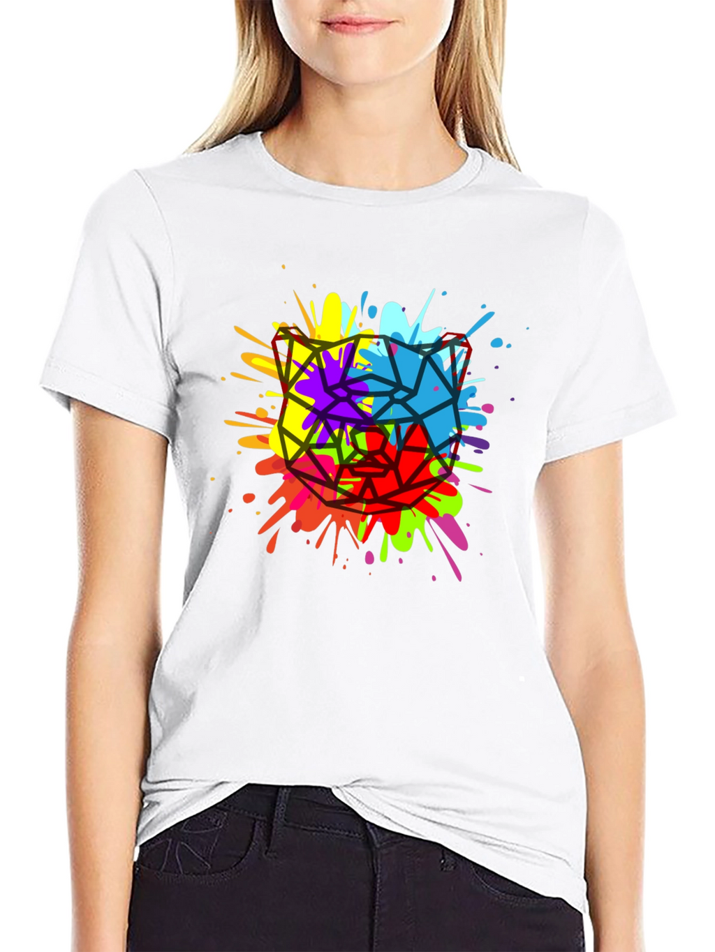Geometric Splatter Cat T-Shirt - Mens Black Tee