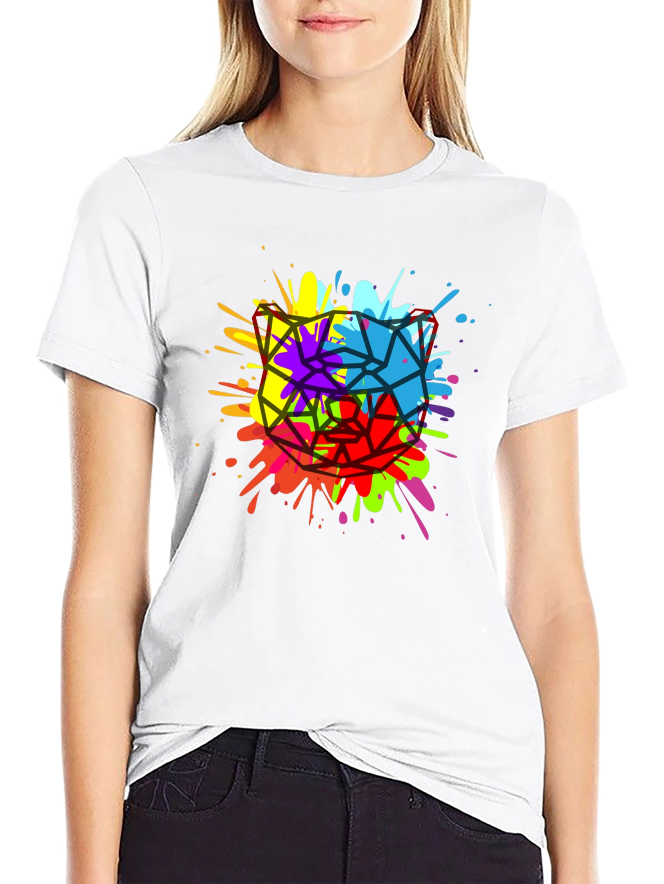 Geometric Splatter Cat T-Shirt - Mens Black Tee