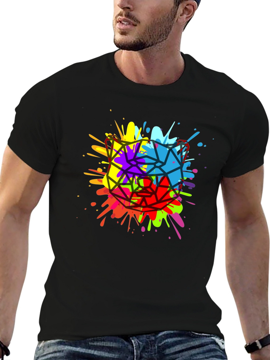 Geometric Splatter Cat T-Shirt - Mens Black Tee