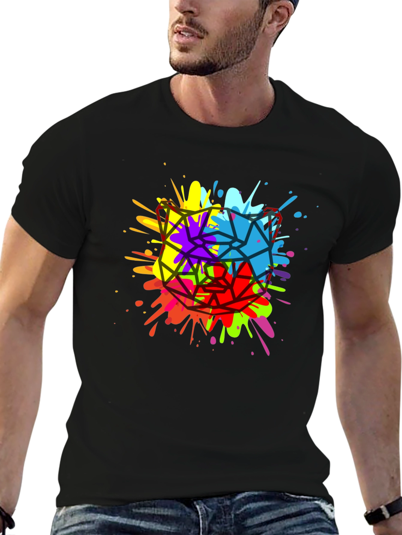Geometric Splatter Cat T-Shirt - Mens Black Tee