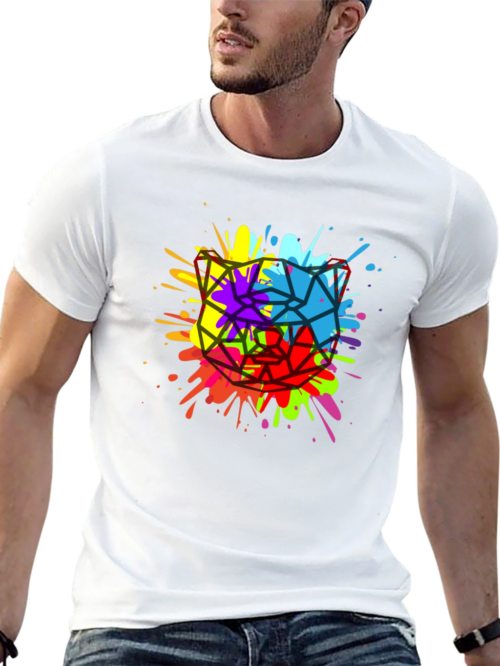 Geometric Splatter Cat T-Shirt - Mens Black Tee