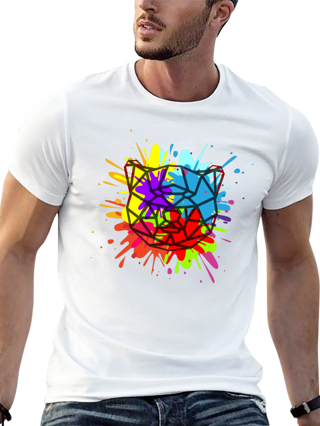 Geometric Splatter Cat T-Shirt - Mens Black Tee