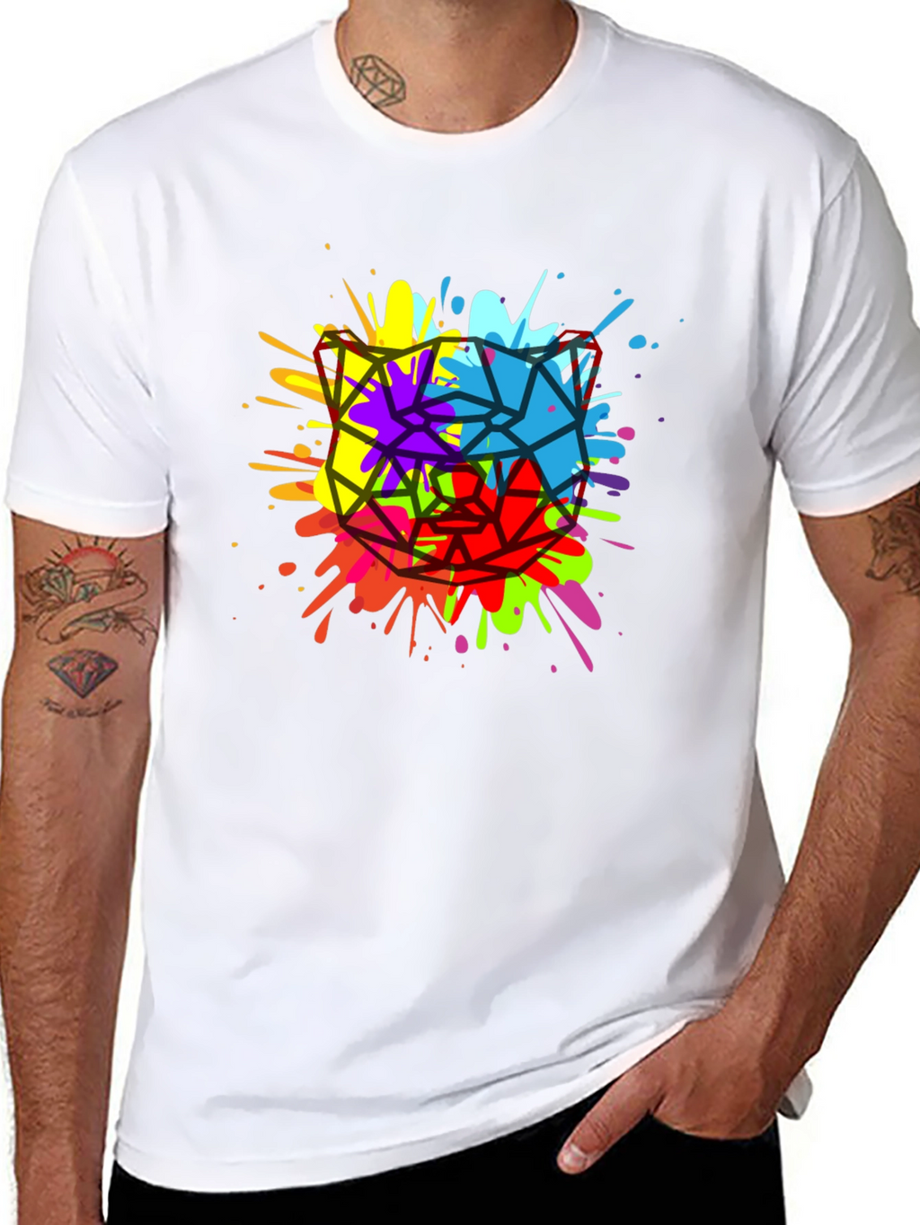 Geometric Splatter Cat T-Shirt - Mens Black Tee