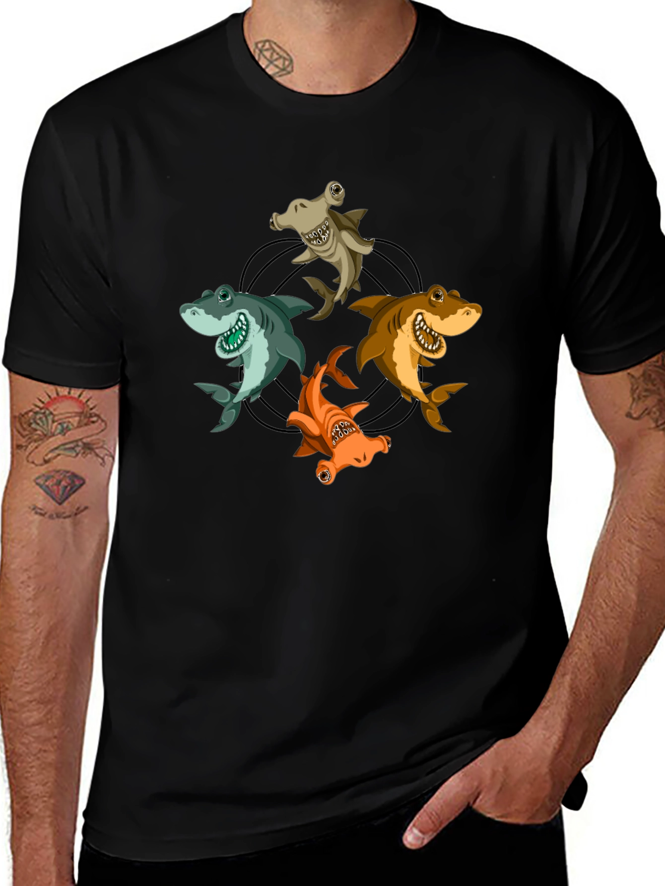 Cartoon Sharks Circle Graphic T-Shirt