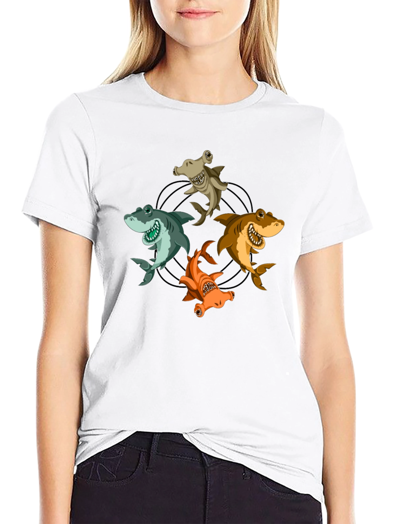 Cartoon Sharks Circle Graphic T-Shirt