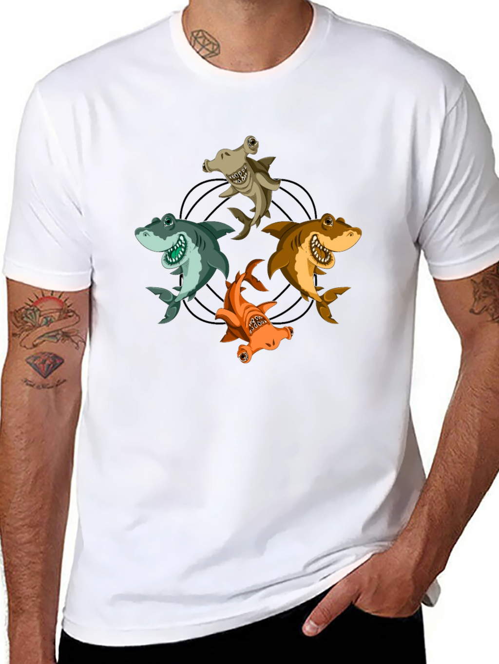 Cartoon Sharks Circle Graphic T-Shirt