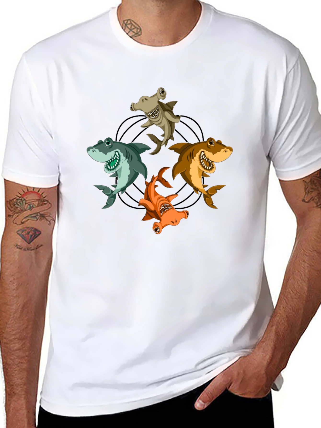 Cartoon Sharks Circle Graphic T-Shirt