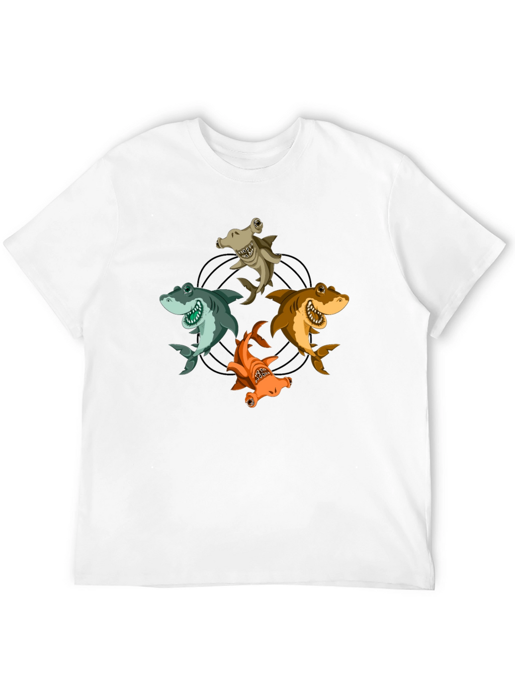 Cartoon Sharks Circle Graphic T-Shirt