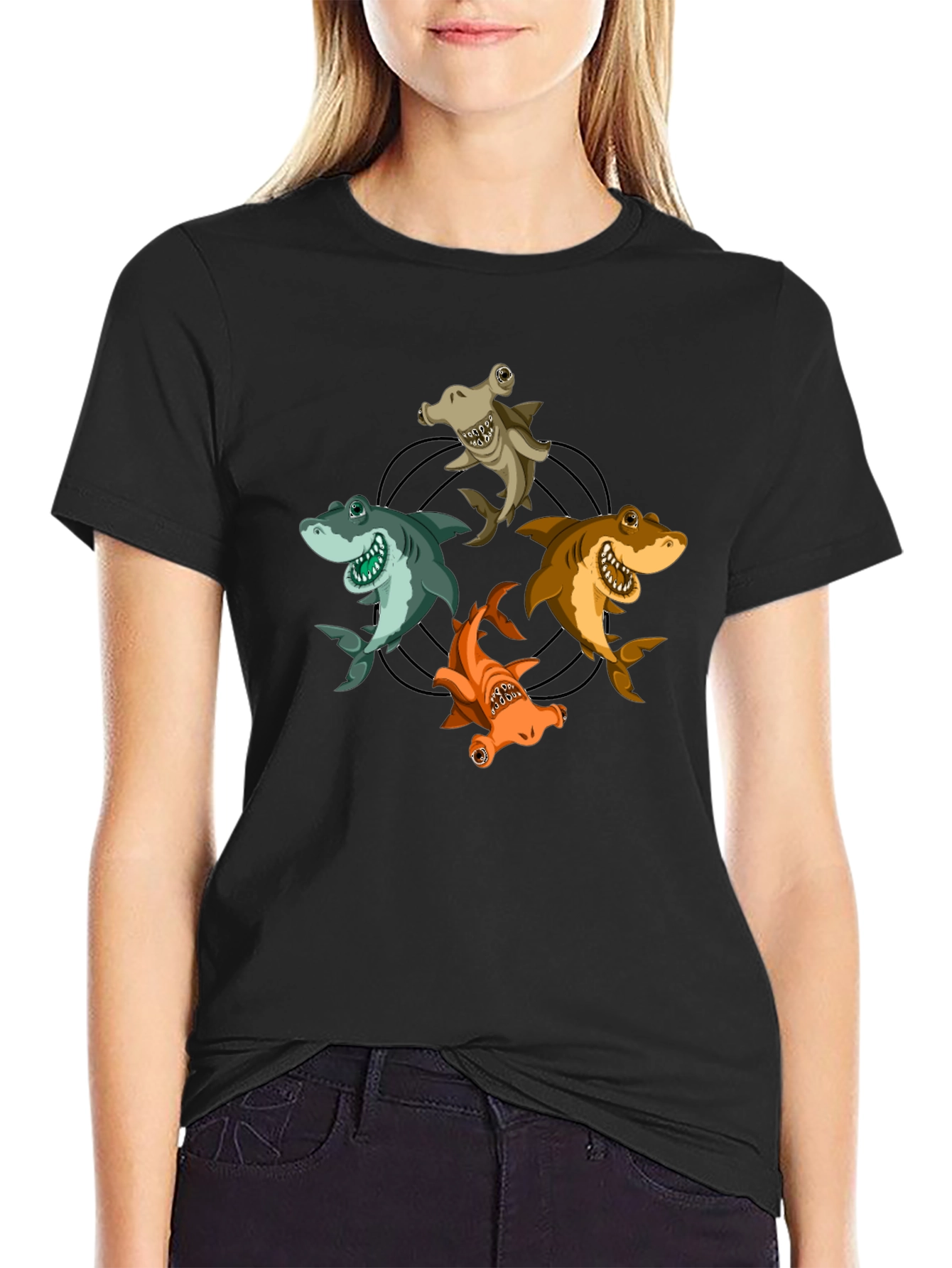 Cartoon Sharks Circle Graphic T-Shirt