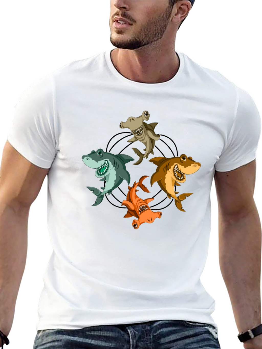 Cartoon Sharks Circle Graphic T-Shirt
