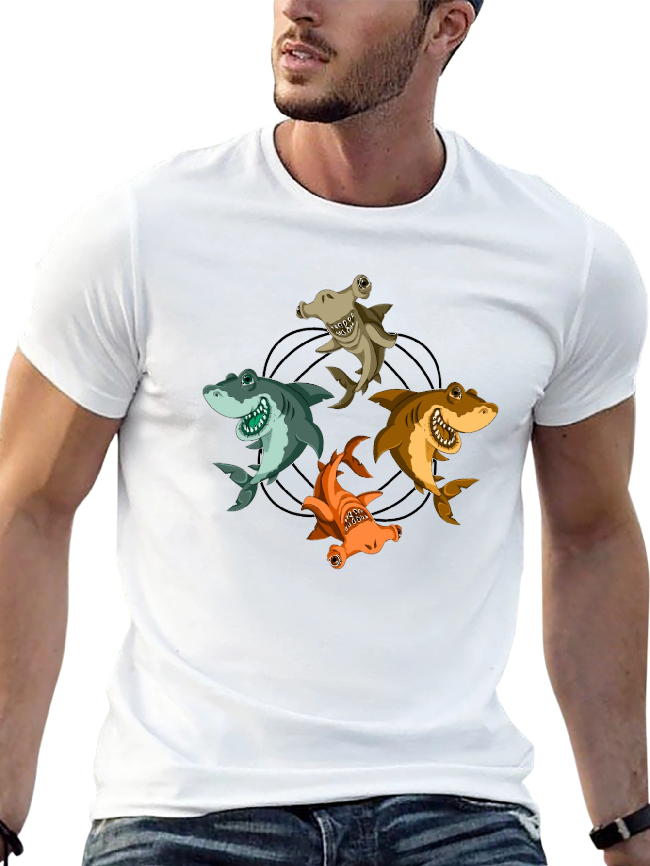 Cartoon Sharks Circle Graphic T-Shirt