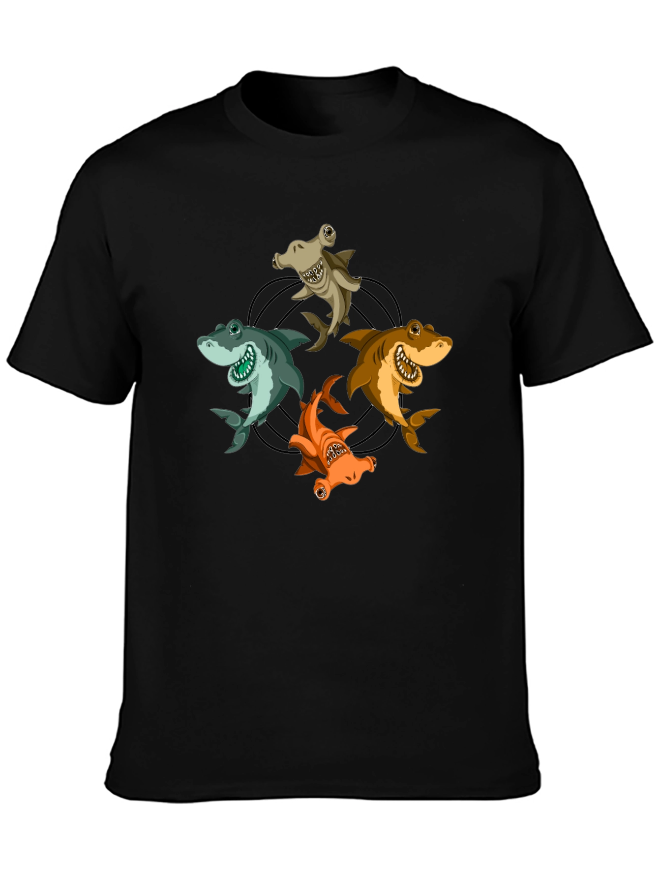 Cartoon Sharks Circle Graphic T-Shirt