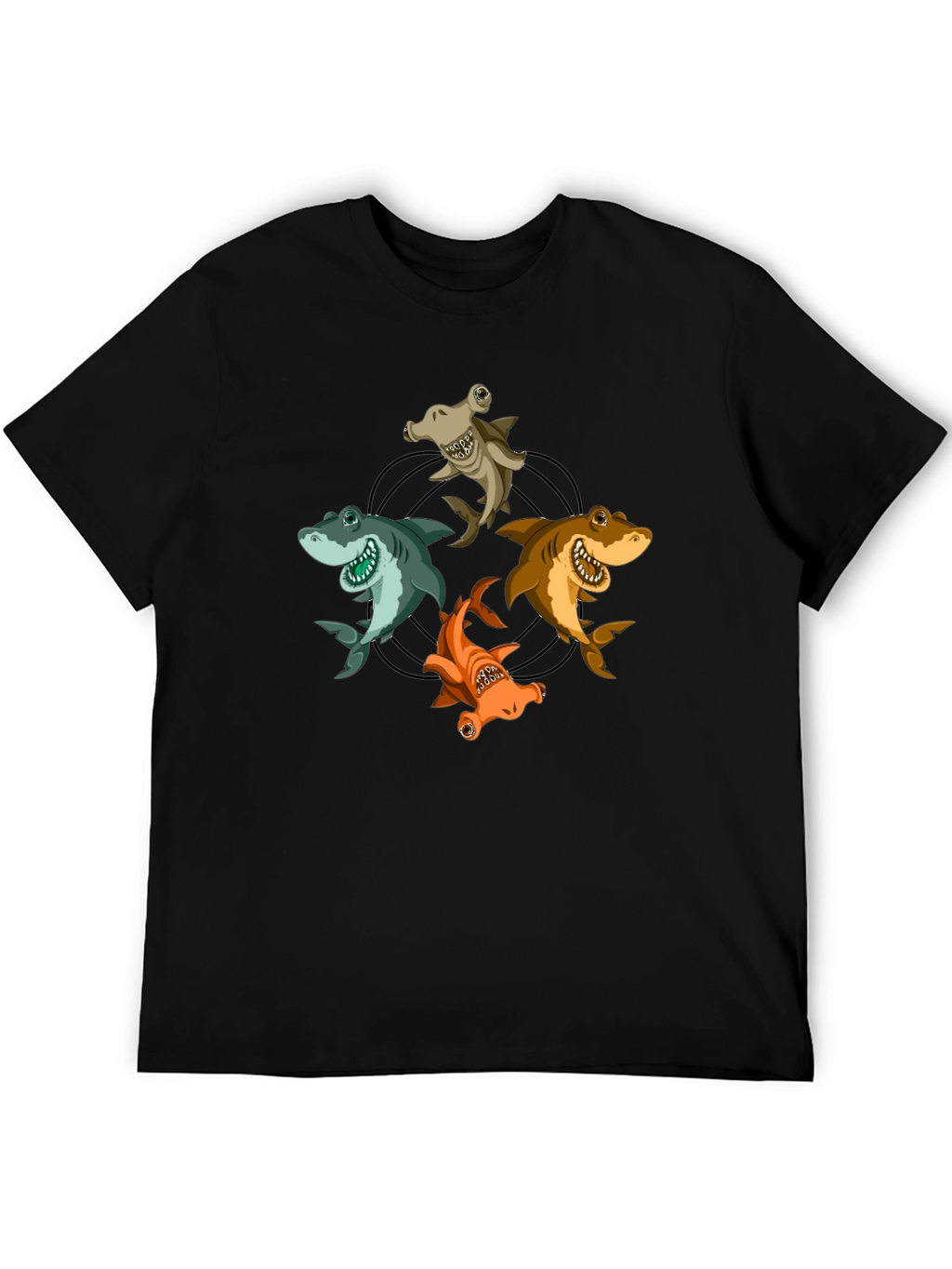 Cartoon Sharks Circle Graphic T-Shirt