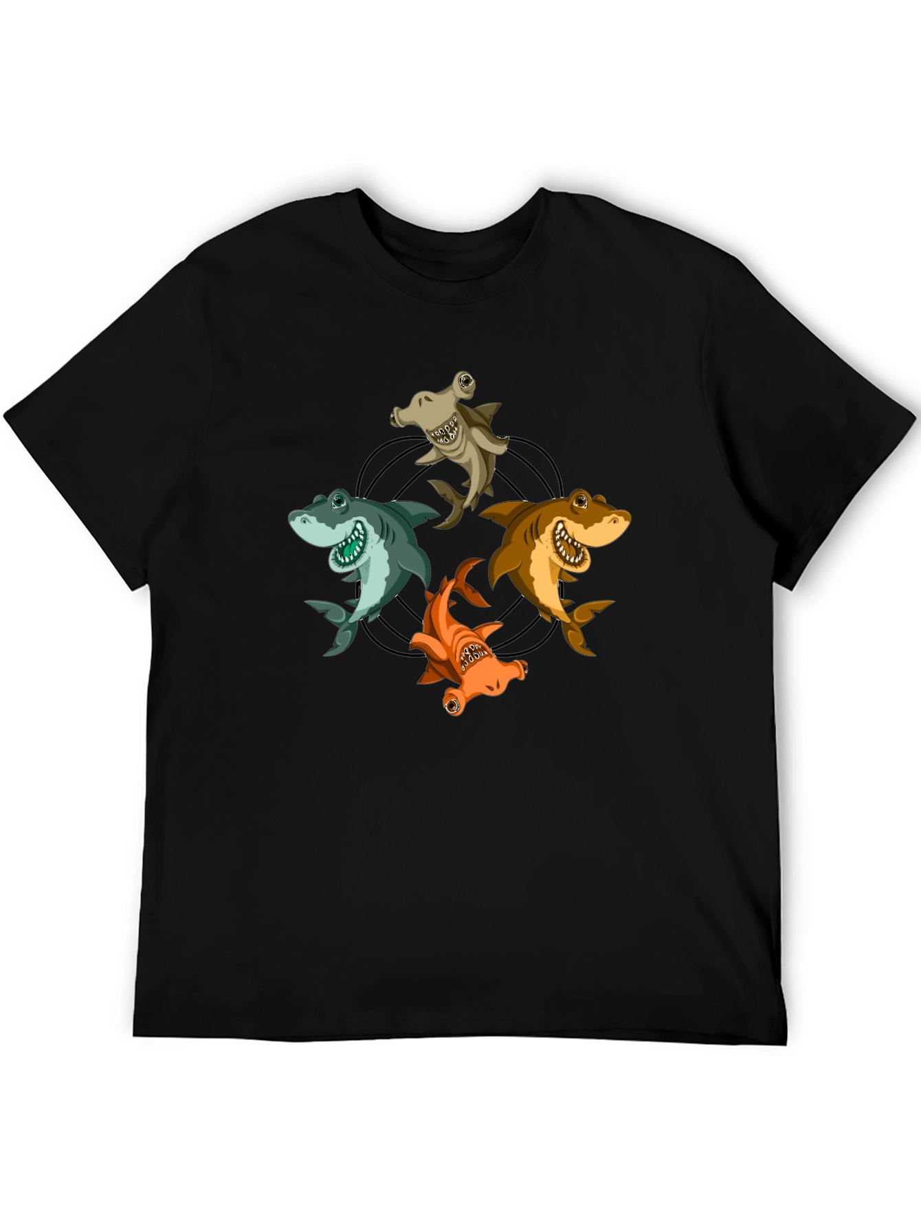 Cartoon Sharks Circle Graphic T-Shirt