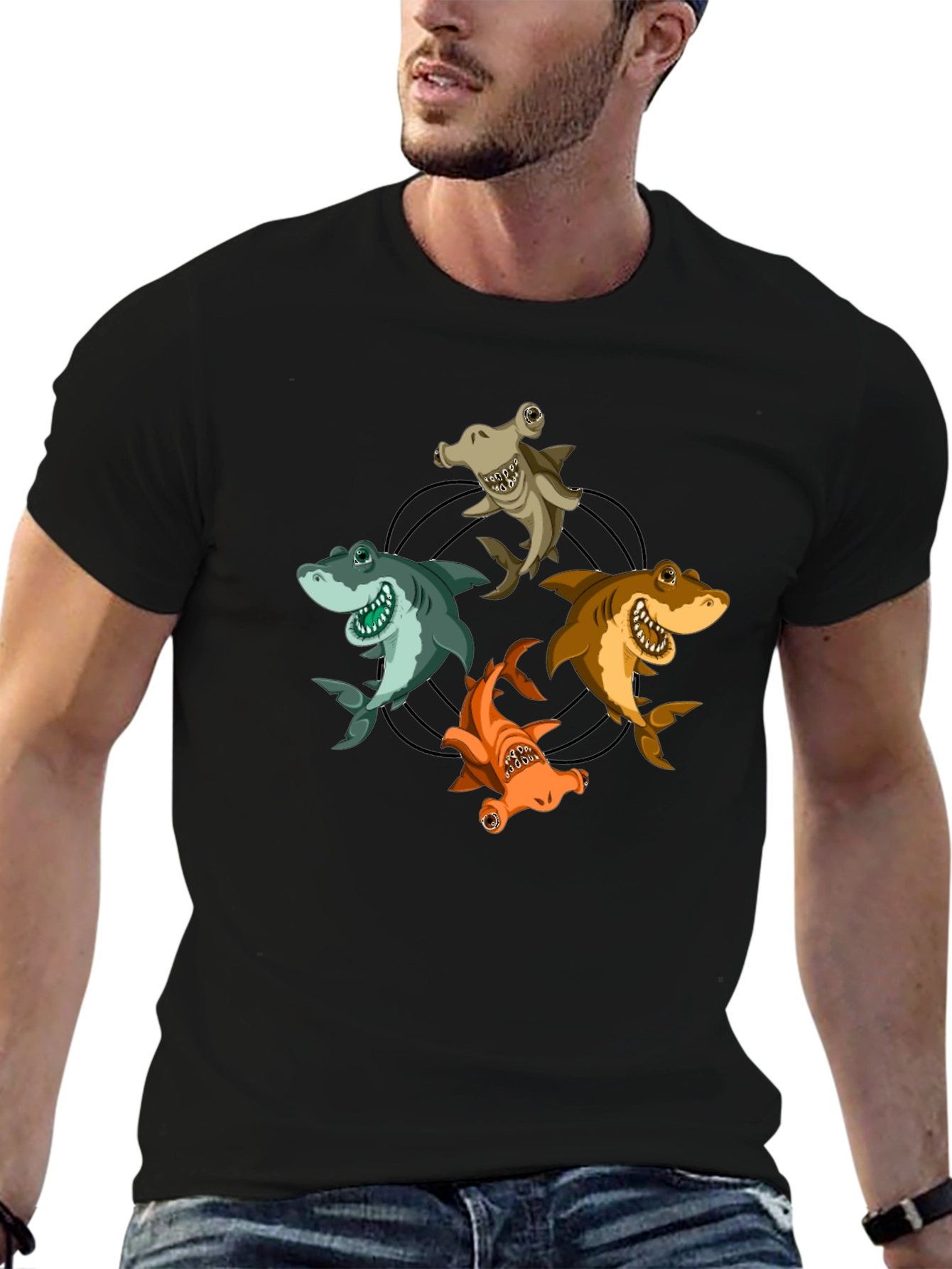 Cartoon Sharks Circle Graphic T-Shirt