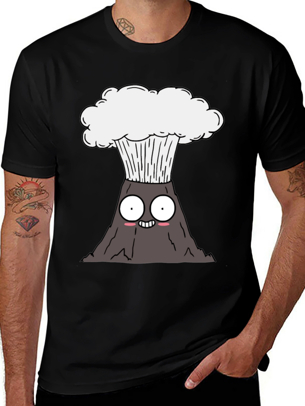 Cartoon Volcano Graphic Tee - Black Cotton T-Shirt