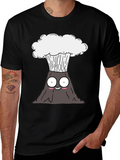 Cartoon Volcano Graphic Tee - Black Cotton T-Shirt