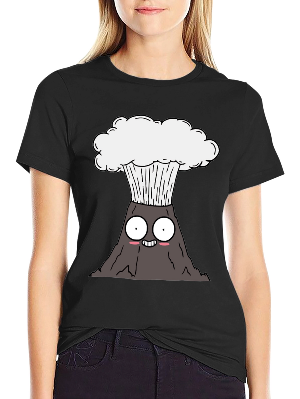 Cartoon Volcano Graphic Tee - Black Cotton T-Shirt