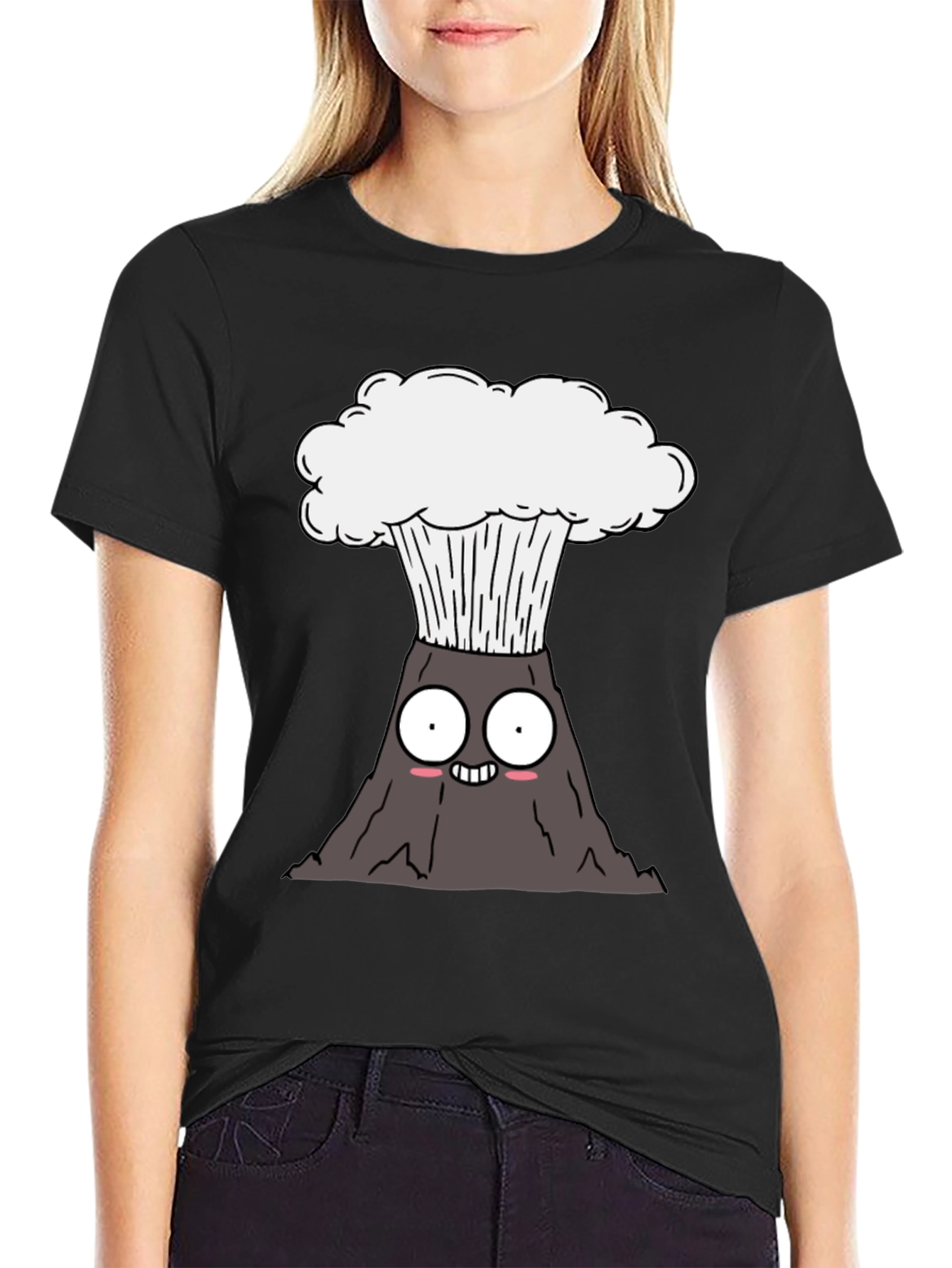 Cartoon Volcano Graphic Tee - Black Cotton T-Shirt