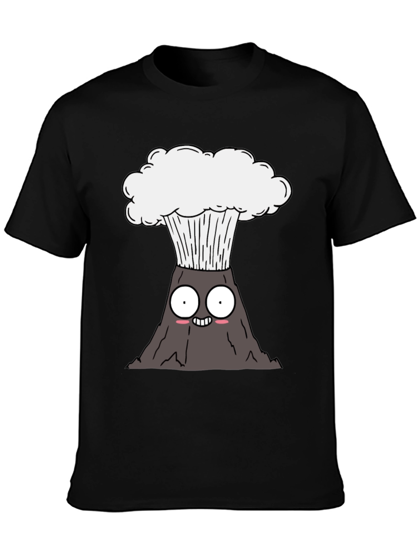 Cartoon Volcano Graphic Tee - Black Cotton T-Shirt