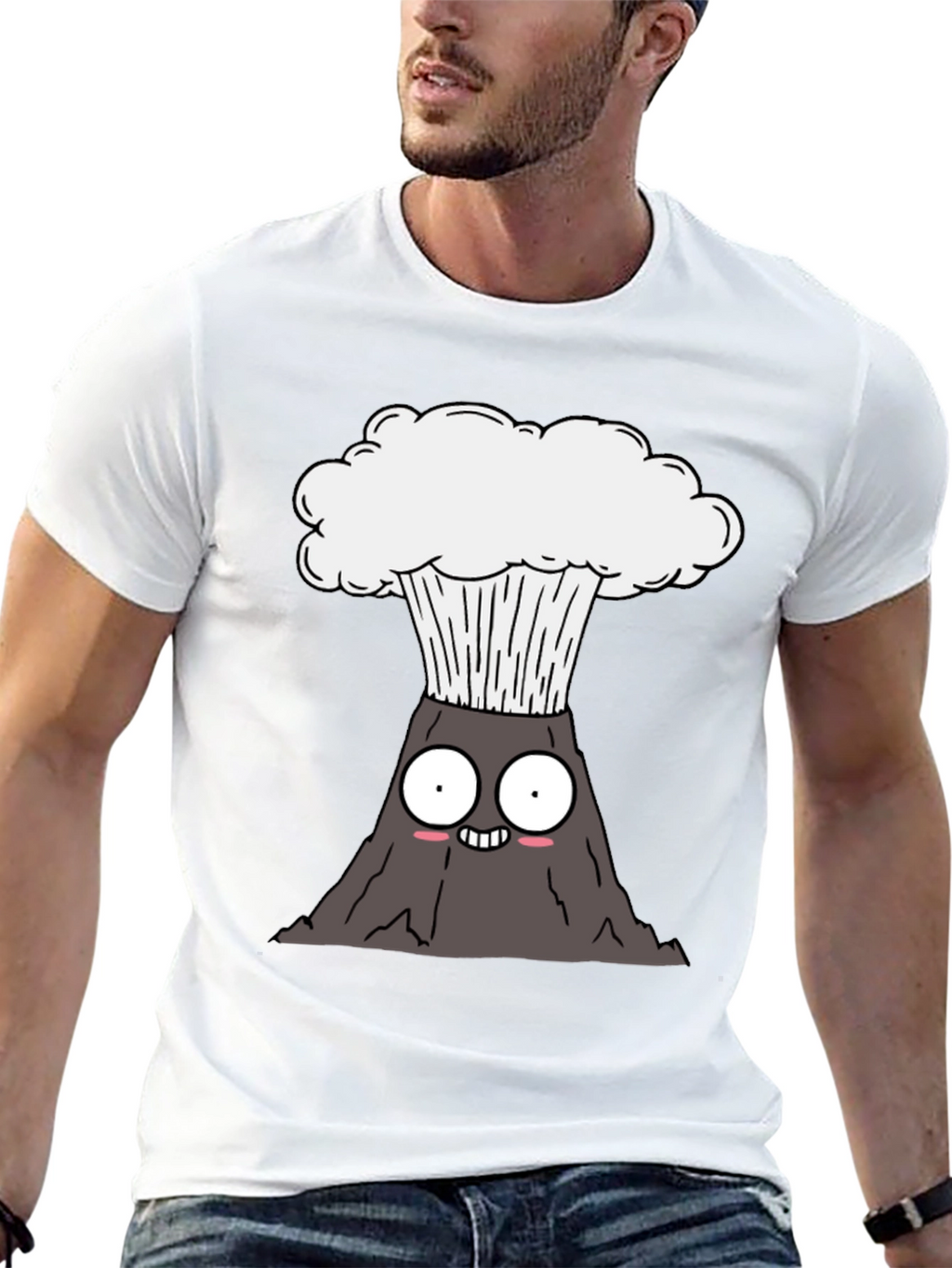 Cartoon Volcano Graphic Tee - Black Cotton T-Shirt