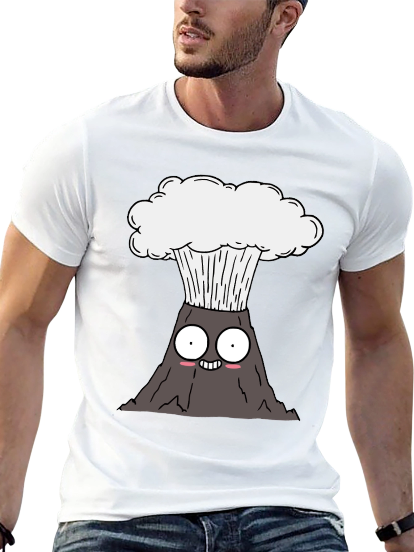 Cartoon Volcano Graphic Tee - Black Cotton T-Shirt