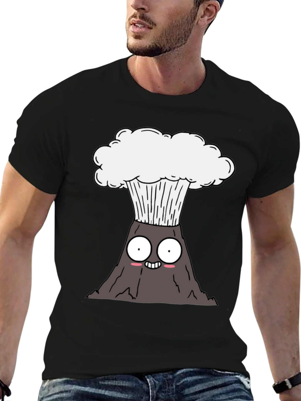 Cartoon Volcano Graphic Tee - Black Cotton T-Shirt