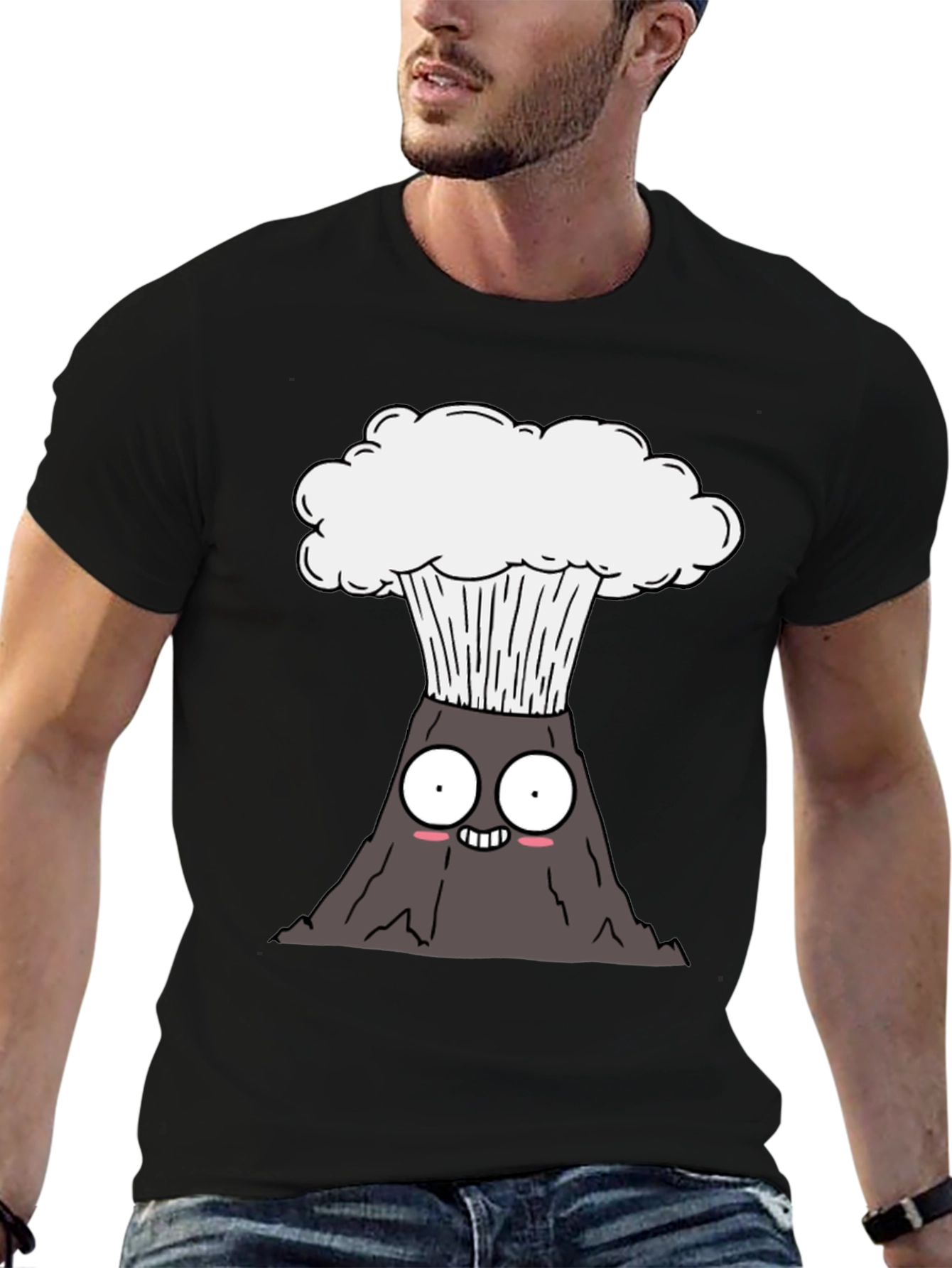 Cartoon Volcano Graphic Tee - Black Cotton T-Shirt