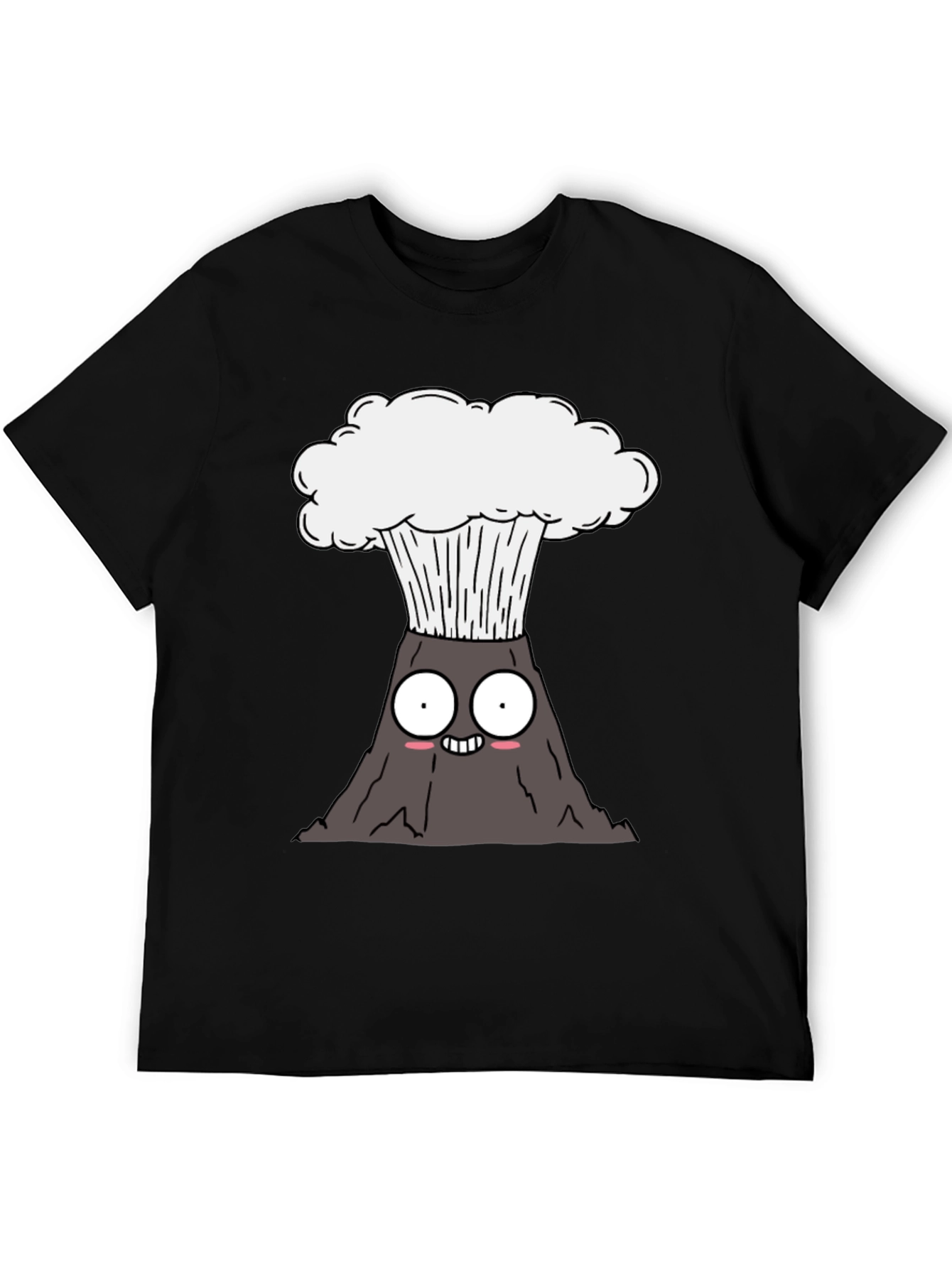 Cartoon Volcano Graphic Tee - Black Cotton T-Shirt