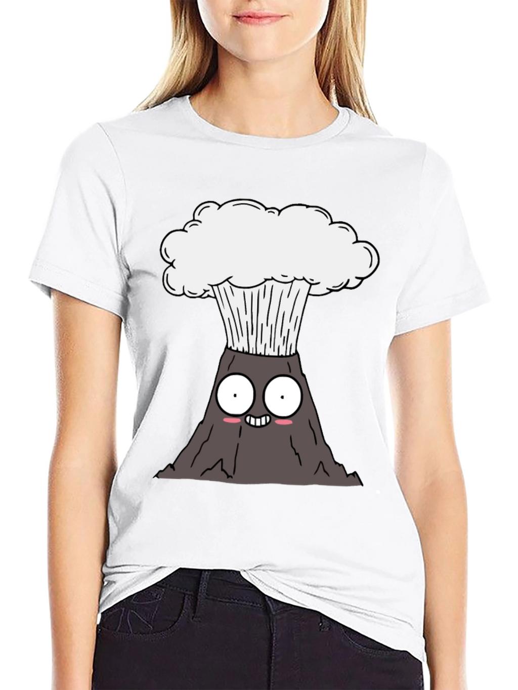 Cartoon Volcano Graphic Tee - Black Cotton T-Shirt