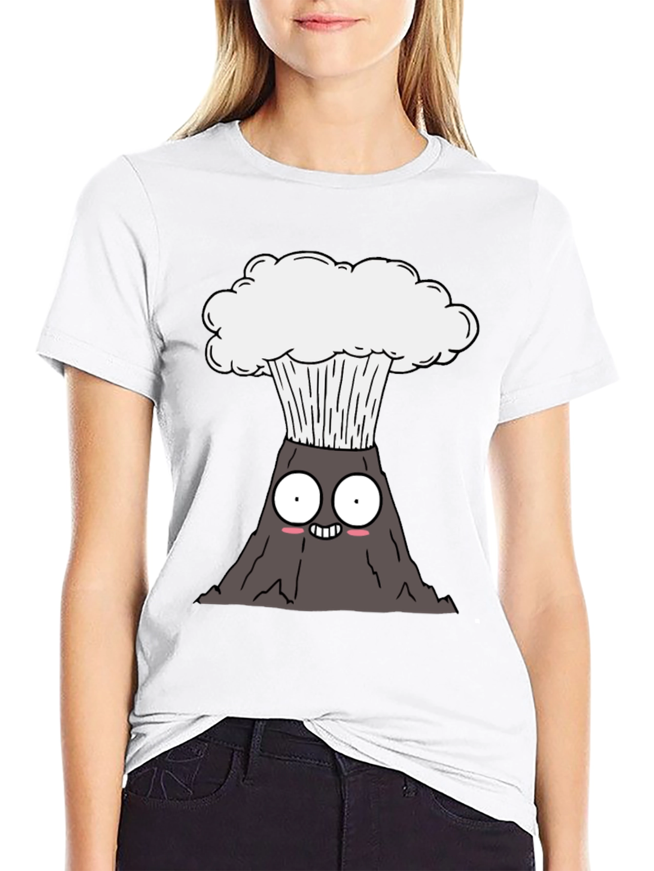 Cartoon Volcano Graphic Tee - Black Cotton T-Shirt