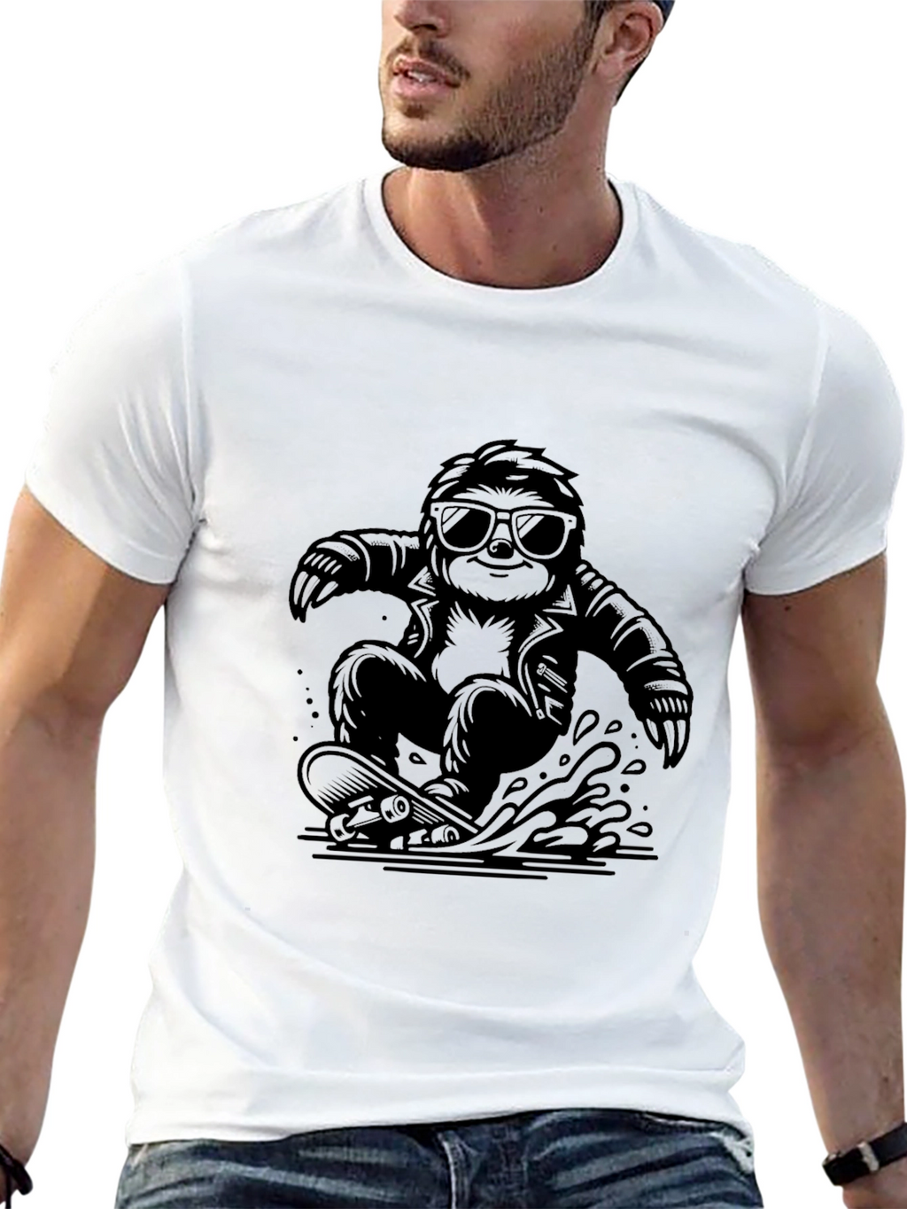 Cool Sloth Skateboarder Graphic Tee - Black