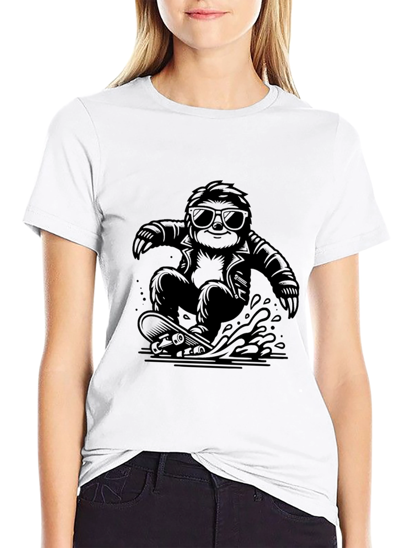 Cool Sloth Skateboarder Graphic Tee - Black