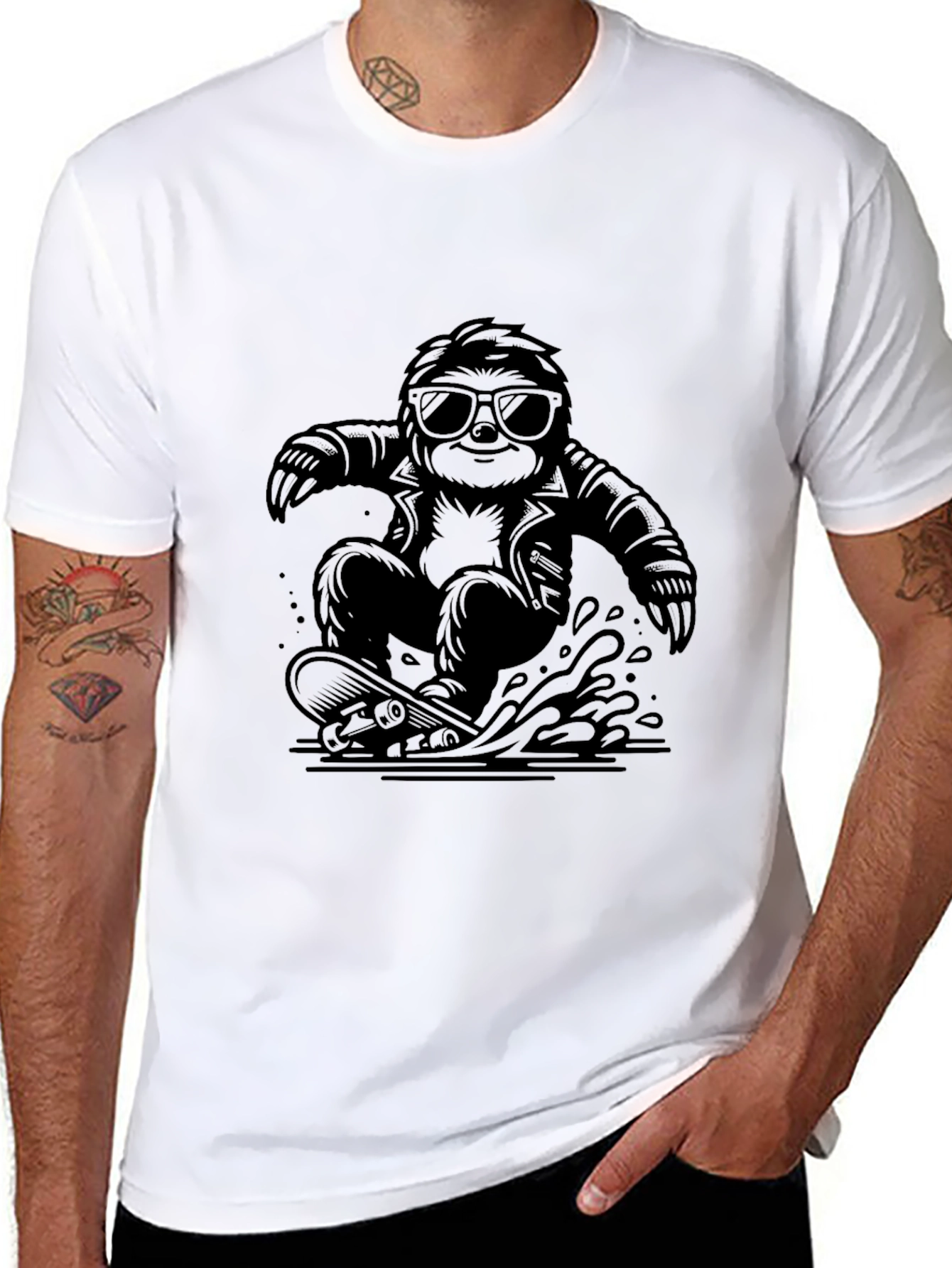 Cool Sloth Skateboarder Graphic Tee - Black